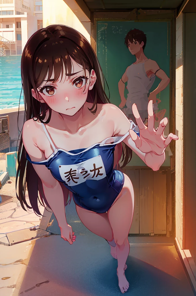 School Swimsuit,,Blushing、Pale brown eyes、Brown Hair、Semi-long hair、Head to toe full body、Blushing、Embarrassed look、Composition from the front、A view from slightly below、school swimwear、Acme Face、Random pose、, 、nsfw、Highest quality、1 girl、solo、Ocean、Sandy Beach、Sexy pose、Random pose、Blushing、Wet、Embarrassed、I can see half of my 、、One piece swimsuit、(Strap slip:1.3)、School Swimsuit