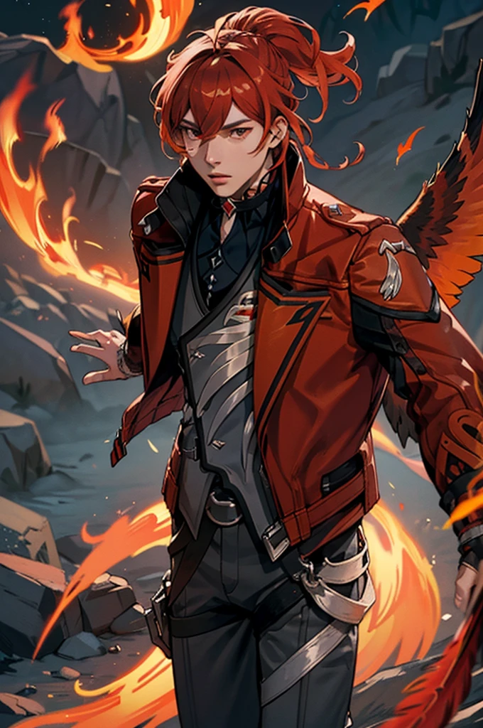 (masterpiece, best quality), 1 male, mature, aged up:1.4, tall muscular guy, broad shoulders, finely detailed eyes and detailed face, extremely detailed CG unity 8k wallpaper, intricate details, Fantasy, red hair, red flowers background,diluc (genshin impact), red eyes, ((red and orange bird feathers made of fire flying around him, lots of fire feathers)), red leather jacket, black collar, high ponytail red hairб cinematic shot, dynamic pose