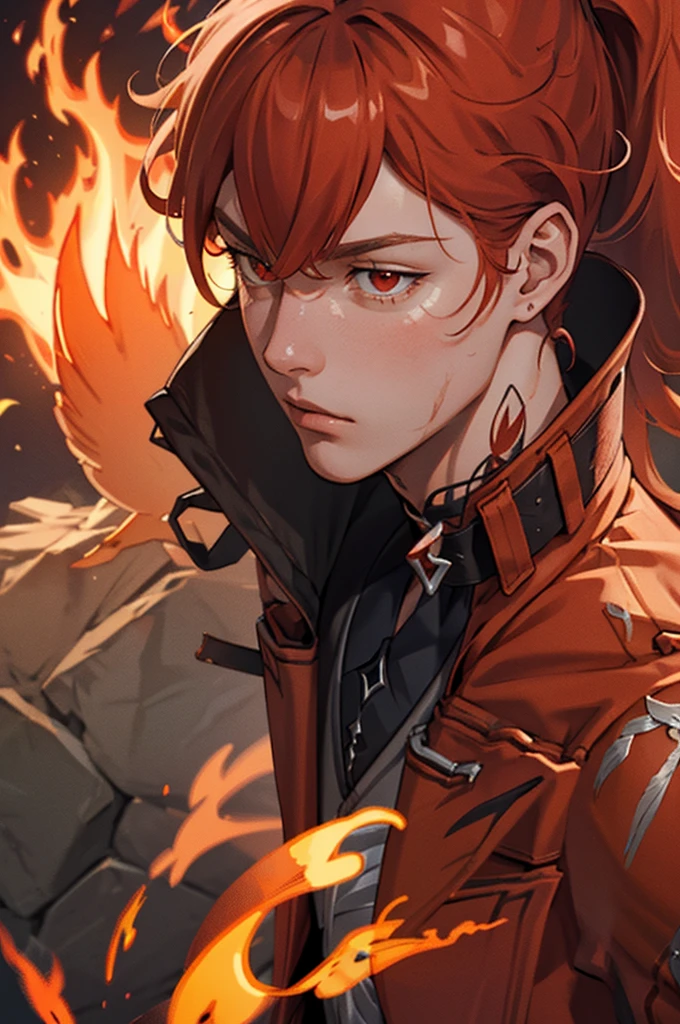 (masterpiece, best quality), 1 male, mature, aged up:1.4, tall muscular guy, broad shoulders, finely detailed eyes and detailed face, extremely detailed CG unity 8k wallpaper, intricate details, Fantasy, red hair, red flowers background,diluc (genshin impact), red eyes, ((red and orange bird feathers made of fire flying around him, lots of fire feathers)), red leather jacket, black collar, high ponytail red hairб cinematic shot, dynamic pose