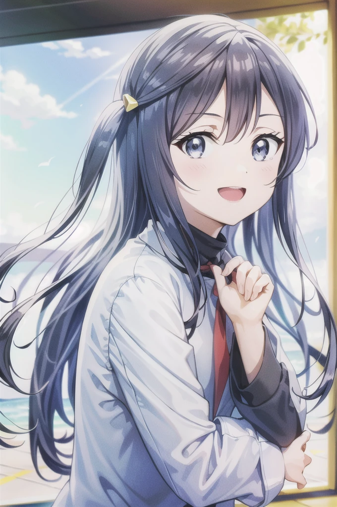 (best quality, masterpiece:1.2), 1girl, solo, anime, anime screencap,  ray tracing, global illumination, ultra resolution image, vivid color,  cinematic light,  lens flare,  light on face, glow eyes,  depth of field, happy, detailed background, cute,  straight-on, smile, looking at viewer, outdoors, sky, cloud, 
 yuki setsuna, upper body, jacket, long sleeves,