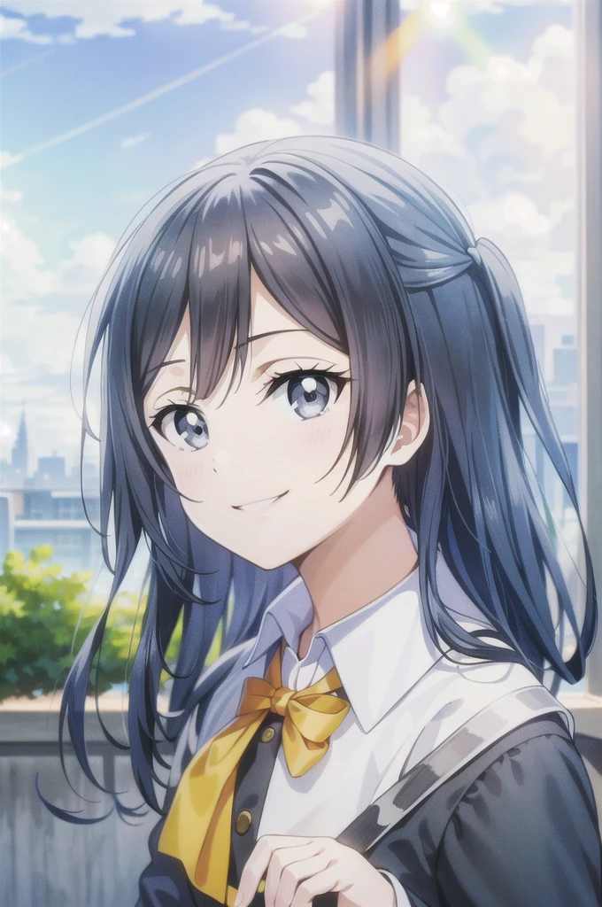 (best quality, masterpiece:1.2), 1girl, solo, anime, anime screencap,  ray tracing, global illumination, ultra resolution image, vivid color,  cinematic light,  lens flare,  light on face, glow eyes,  depth of field, happy, detailed background, cute,  straight-on, smile, looking at viewer, outdoors, sky, cloud, 
 yuki setsuna, upper body, jacket, long sleeves,