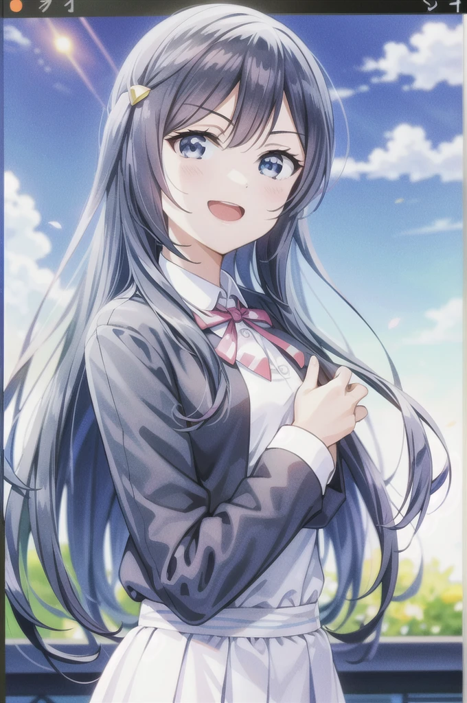 (best quality, masterpiece:1.2), 1girl, solo, anime, anime screencap, ray tracing, global illumination, ultra resolution image, vivid color, cinematic light, lens flare, light on face, glow eyes, depth of field, happy, detailed background, cute, straight-on, smile, looking at viewer, outdoors, sky, cloud,
yuki setsuna, upper body, jacket, long sleeves,