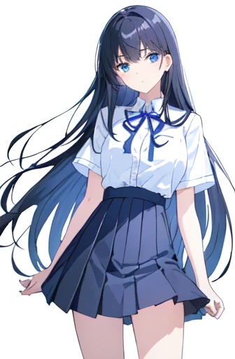 ((Highest quality)), ((masterpiece)), (detailed), ((One Girl))、(High school girls)、((A photo showing your thighs to the top of your head))、(Standing straight, facing the camera)、sad look、Anxious expression、Timid look、Worried brow、Long black hair、Straight Hair、Blue Eyes、uniform、(White short sleeve shirt)、Pleated skirt、Slender figure、White background