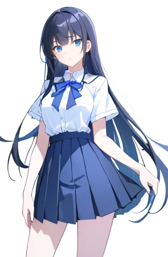 ((Highest quality)), ((masterpiece)), (detailed), ((One Girl))、(High school girls)、((A photo showing your thighs to the top of your head))、(Standing straight, facing the camera)、sad look、Anxious expression、Timid look、Worried brow、Long black hair、Straight Hair、Blue Eyes、uniform、(White short sleeve shirt)、Pleated skirt、Slender figure、White background