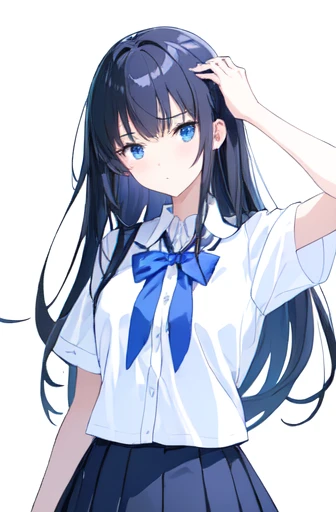 ((Highest quality)), ((masterpiece)), (detailed), ((One Girl))、(High school girls)、((A photo showing your thighs to the top of your head))、(Standing straight, facing the camera)、sad look、Anxious expression、Timid look、Worried brow、Long black hair、Straight Hair、Blue Eyes、uniform、(White short sleeve shirt)、Pleated skirt、Slender figure、White background