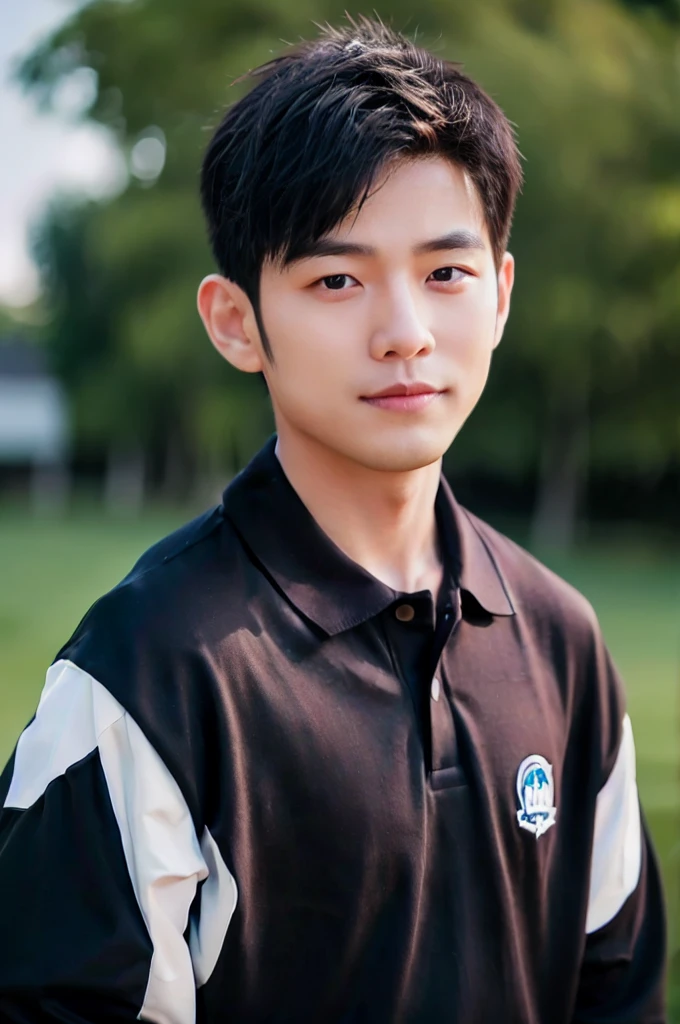((Highest quality, 8k, Masterpiece: 1.3))、Thailand Laos Burma Asia, Thai man, A handsome Asian rugby player with short hair, a muscular beard, and big muscles., 1A man who has、20 yo、Good appearance、Beautiful nose、smile、 Detailed eyes and face、beautiful light、(studio)、high resolution、(Look at the viewer.)、Fine mouth、smile、whole body: 1.5, perfect shape: 1.3, looking at camera ,black polo shirt, ((field)), sunlight looking at the field