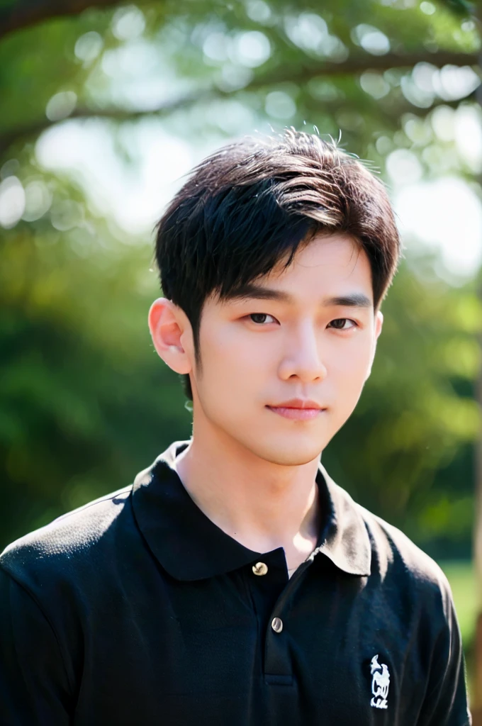 ((Highest quality, 8k, Masterpiece: 1.3))、Thailand Laos Burma Asia, Thai man, A handsome Asian rugby player with short hair, a muscular beard, and big muscles., １A man who has、20 yo、Good appearance、Beautiful nose、smile、 Detailed eyes and face、beautiful light、(studio)、high resolution、（Look at the viewer.）、Fine mouth、smile、whole body: 1.5, perfect shape: 1.3, looking at camera ,black polo shirt, ((field)), sunlight looking at the field