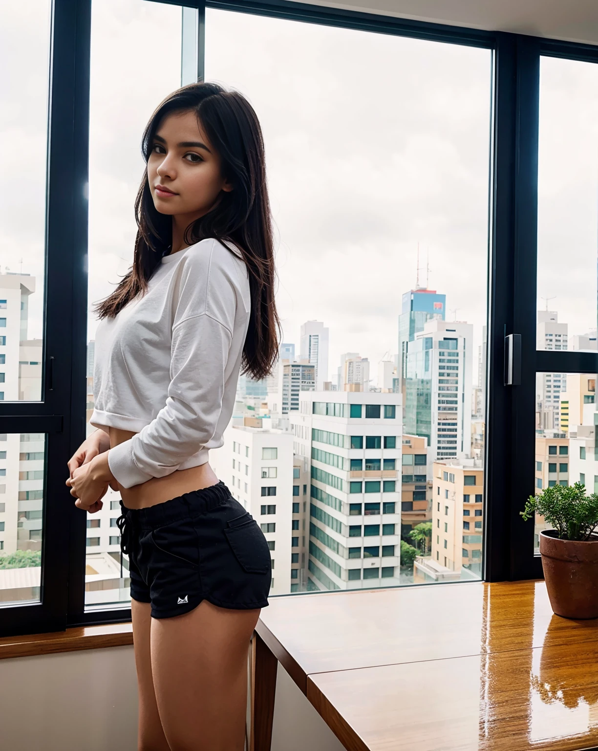 A beautiful young brazilian girl, with (extremely pale skin:1) with straight black hair, (small face), small nose, full lips, small shoulders, slim waist and thick hips, wearing black shorts with a red sweatshirt, standing in a large room, window overlooking the terrace showing the modern city, 4k, high quality,