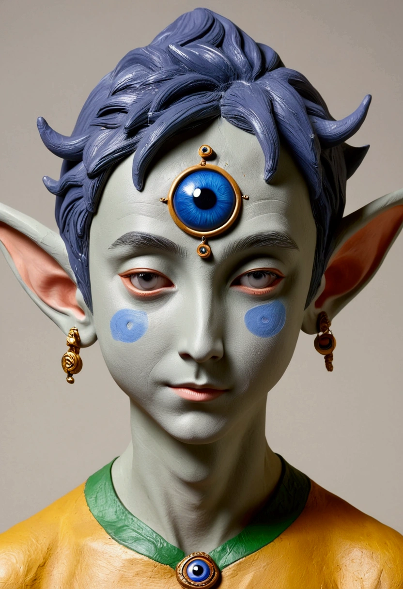 3D Art Sculpture。Clay Sculpture。 Painted pottery,Cement sculpture。(((1 Boy,独奏,third eye on the forehead,Elf ears))),whole body