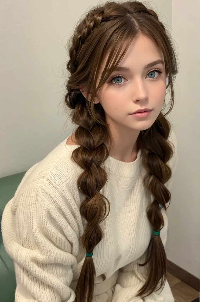 reddish brown hair,green eyes,french braid on long hair,