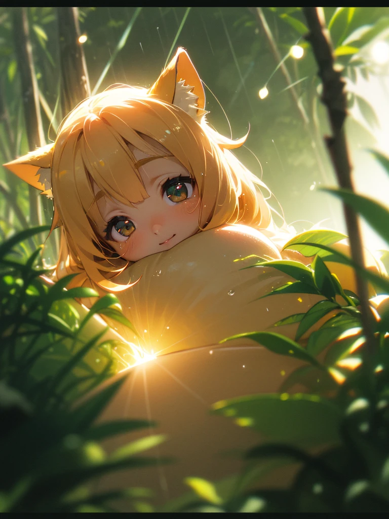 (Sumilux f1.4 24mm , low Latitude old color negative film , cross process , bokeh, flare, chromatic aberration , soft focus, (Shallow focus) , soft glow , Maximum aperture, High Key , Transparent depiction) , dynamic angle , fox girl , butter face, round eyes , rainy jungle