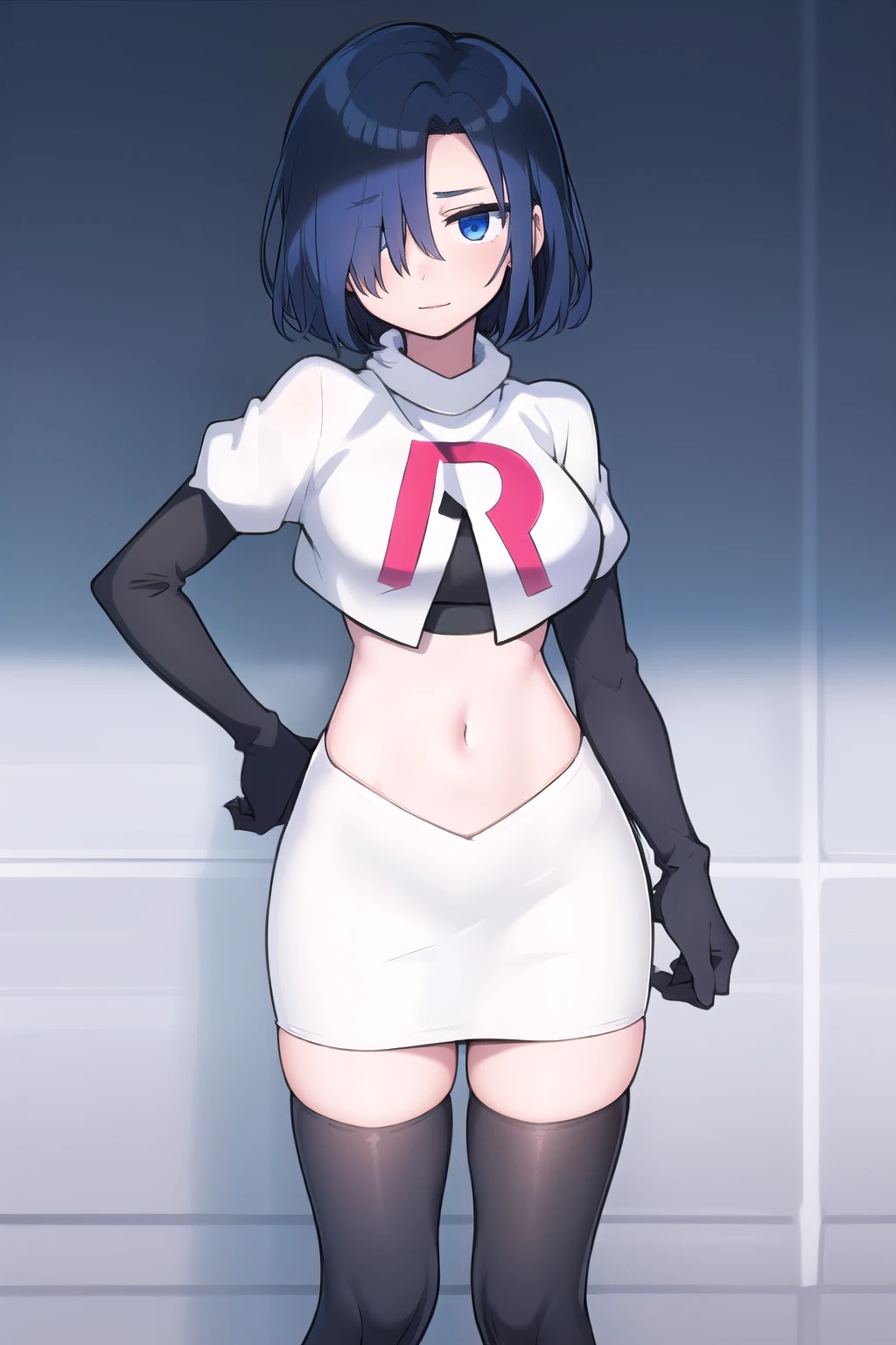 1girl,  kirishima touka, blue hair, hair over one eye, blue eyes, team rocket,team rocket uniform,white skirt,red letter R,crop top,black thigh-highs,black elbow gloves
