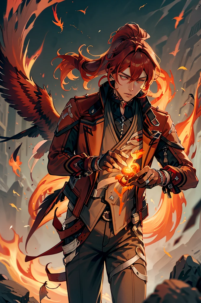 (masterpiece, best quality), 1 male, mature, aged up:1.4, tall muscular guy, broad shoulders, finely detailed eyes and detailed face, extremely detailed CG unity 8k wallpaper, intricate details, Fantasy, red hair, red flowers background,diluc (genshin impact), red eyes, ((red and orange bird feathers made of fire flying around him, lots of fire feathers)), red leather jacket, black collar, high ponytail red hair