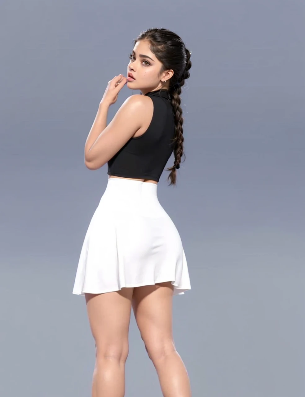 Back view, ((Beautiful teen girl, Odeya Rush, Becky G, maitreyi ramakrishnan, Priyanka Chopra, 18 years)), wearing black cotton-lycra turtleneck crop top and plain white miniskirt, grey studio background, (HDR, 8K, vivid, vibrant, detailed: 1.4), (hyper realistic, movie graphics)