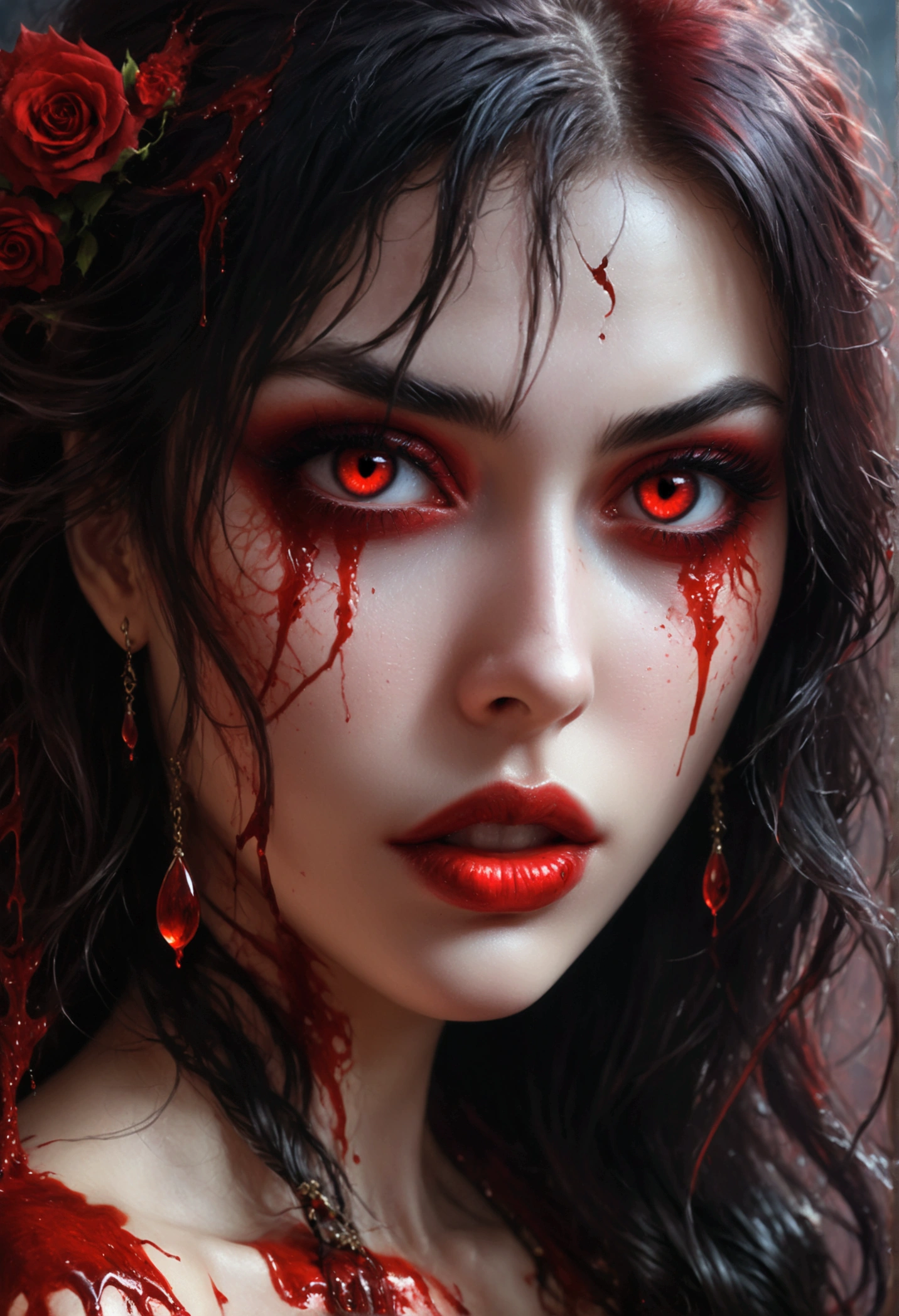 a portrait of vampire with a bloody tear coming down from he eye, an exotic beautiful female vampire, dynamic hair color, dynamic hair style, ultra detailed face, best detailed face, dynamic eye color, ((1single red teardrop, teardrop made of blood coming down from the eye: 1.3)), Ultra-high resolution, High Contrast, (masterpiece:1.5), highest quality, Best aesthetics), 16K fantasy art, best details, best quality, highres, (ultra wide angle: 1.2), 16k, [ultra detailed], masterpiece, best quality, (extremely detailed), dark novel, crying style