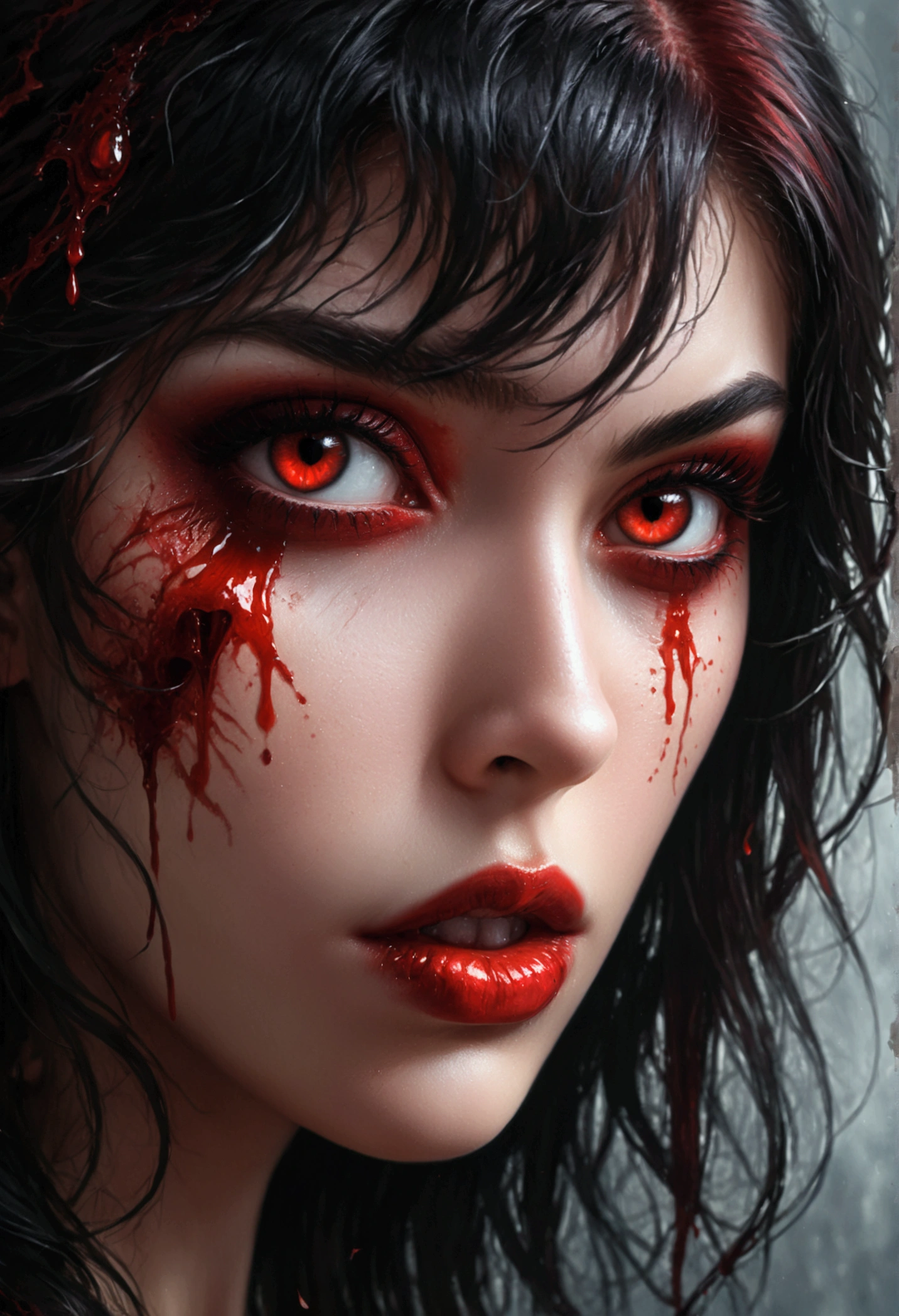 a portrait of vampire with a bloody tear coming down from he eye, an exotic beautiful female vampire, dynamic hair color, dynamic hair style, ultra detailed face, best detailed face, dynamic eye color, ((1single red teardrop, teardrop made of blood coming down from the eye: 1.3)), Ultra-high resolution, High Contrast, (masterpiece:1.5), highest quality, Best aesthetics), 16K fantasy art, best details, best quality, highres, (ultra wide angle: 1.2), 16k, [ultra detailed], masterpiece, best quality, (extremely detailed), dark novel, crying style