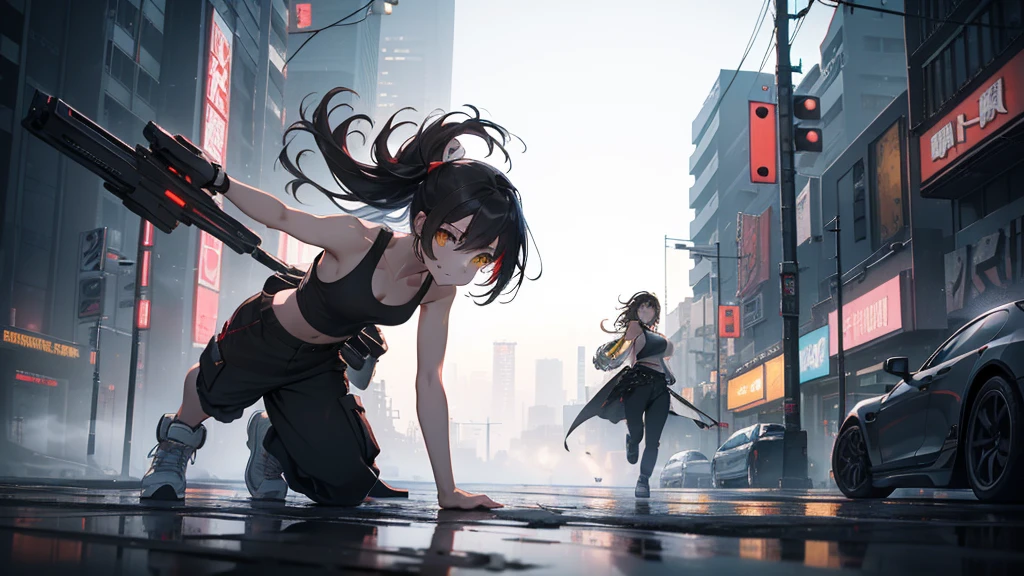dance、Artistic jump、break dance、Intense movement、Collapsed night city、Cyberpunk Style、Blade Runner atmosphere、Steam is coming out of the exhaust port on the road surface、the road is wet、alone、Fluttering Hair、short hair, Brown Hair, Yellow Eyes, 輝くYellow Eyes 、Beautiful woman、Small face、White skin、Abdominal muscles、17 years old、Bright smile、mouth half open、White teeth are visible、(Gradient color of black red hair、Disheveled long hair)、(cargo pants、Tank top、White sneakers)、(Delicate and slender fingers、Detailed body、Detailed Weapons、Human hand)、(Detailed face) 、(In 8K、Highest quality: 1.4、masterpiece、 Ultra-high resolution、 Highest Resolution,、Very detailed、 Professional Lighting、 Gray Light Lighting、Low angle from below、Blowing steam into the landscape、Fog in the landscape、Foggy、