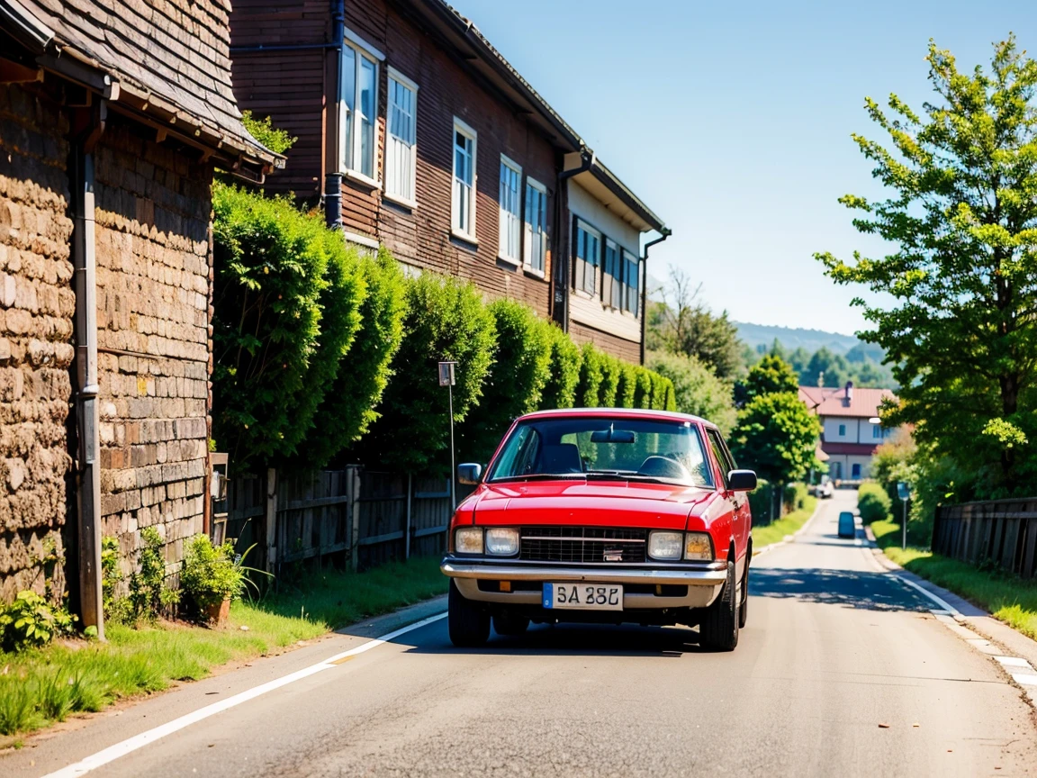 a picture 8k in an old swedish part of town, a beautiful red Volvo 444 is parking on the side of the road