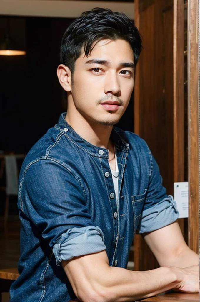 ((realistic daylight)) , Young Korean man in a simple brown t-shirt only, no pattern, denim shirt, and jeans., A handsome, muscular young Asian man looks at the camera.  , in the restaurant ,turn sideways