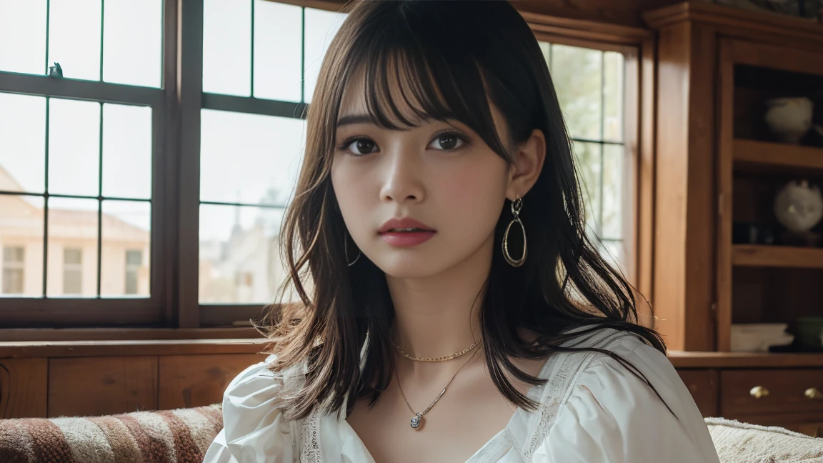 (Highest quality:1.4),(masterpiece:1.4),(Realistic:1.4),(Realistic:1.2),(超High resolution, RAW Photos:1.4),(High resolution, Very detailed:1.2),(8k:1.2),View your audience,Cinematography,One Girl,skeletally correct,Black-haired woman,(Small earrings,necklace,Sweet Lolita,View from the front),(Inside the Western-style building,Dimly lit room,The lamplight shines on my cheeks,Sit on the sofa)