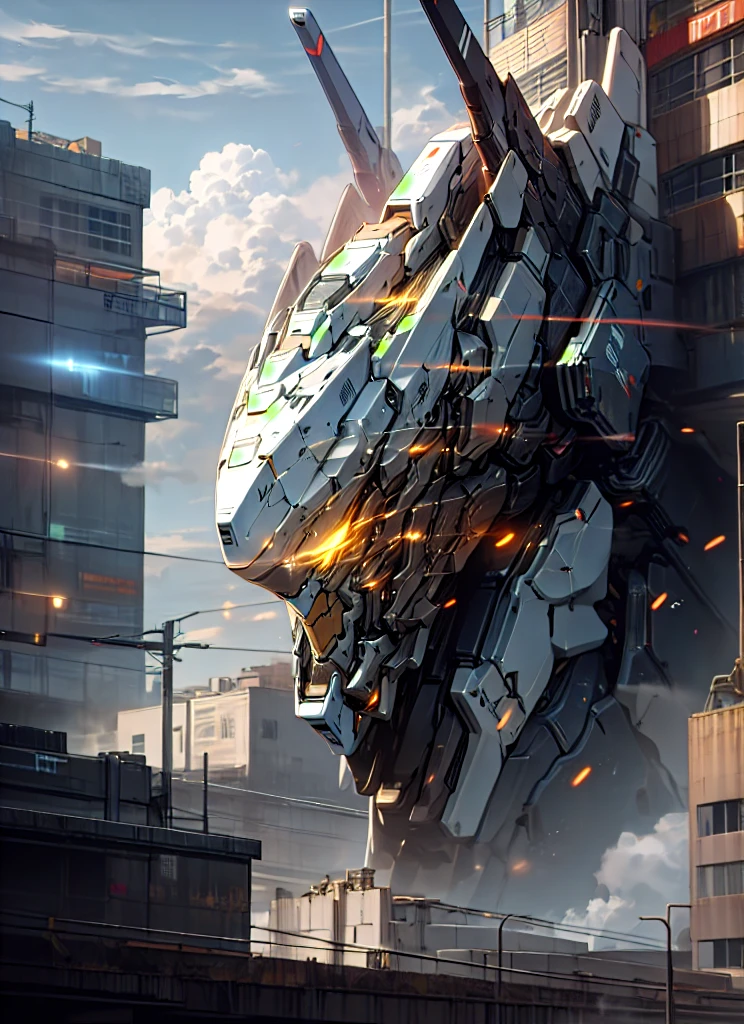 sky, cloud, holding_weapon, no_humans, glowing, , robot, building, glowing_eyes, mecha, science_fiction, city, realistic,mecha