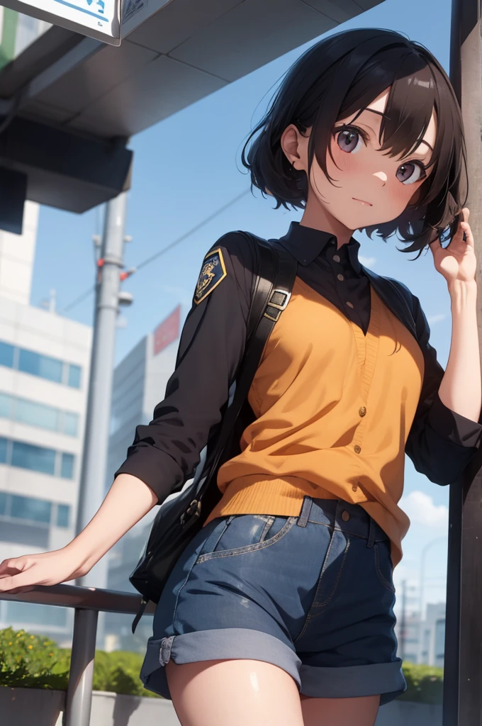 A female inspector belonging to the Public Safety Bureau&#39;s Criminal Investigation Division 1, Navy blue tight skirt, Navy blue jacket, White shirt, tie, Police handgun holder on waist, Put your feet up on an abandoned pipe, ((lift up her skirt)), (white panties), Anime Style,