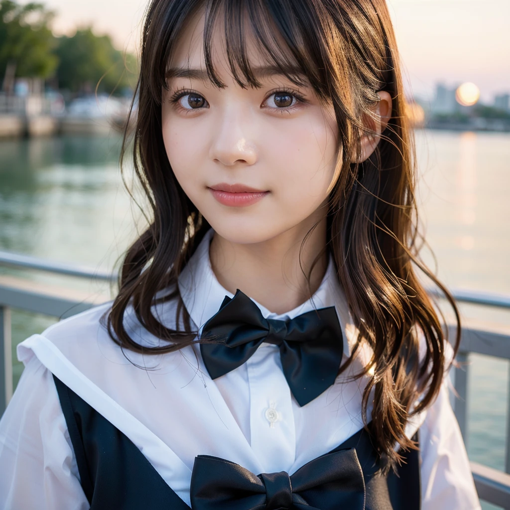 Two beautiful girls,Cheek to cheek,(8k, RAW Photos, Highest quality, masterpiece:1.2), Super detailed, Ultra-high resolution, (Realistic, photo Realistic:1.37), High-definition RAW color photos, Professional photos, Depth of written boundary, Detailed lips、Beautiful, shining lips, Detailed face、Very delicate and beautiful, Very detailed, In detail, Large file size, Very detailed skin, Very detailed clothing, Two Girls, (18-year-old:1.2), Ten generations, Cute girl,Sailor suit, Famous Japanese Idols, Black Hair, (Long Hair:1.2), (Wavy Hair:1.2), (Blunt bangs:1.2), young, Cute face, , Realistic face, Beautiful and detailed eyes, Droopy eyes, Big black eyes, Beautiful and clear eyes,Scattered beneath the surface,(blush:0.5), Detailed skin texture, (race:1.2), (Black bow tie:1.1), (Hair Ribbon:1.2), Facing forward, Highest quality,masterpiece:1.3,Ultra-high resolution),(Very detailed,Caustics,8k),(Realistic:1.4,RAW shooting),I'm looking at the camera with a smile on my face,Collarbone Bare Skin,Shoulder Bare Skin,(Face Focus:1.1),(Face close-up:1.1),Sunset,Natural light
