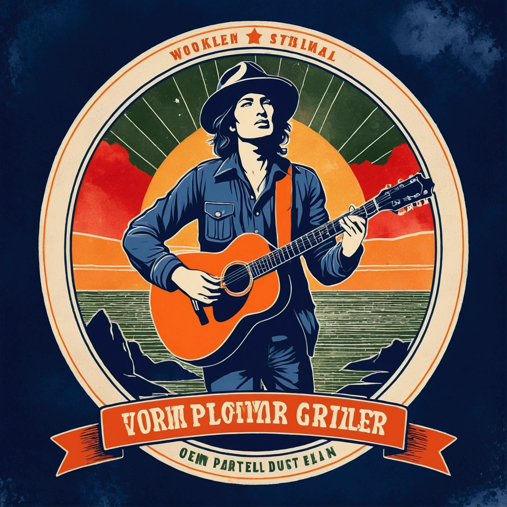 Create a vintage travel poster of a rock singer with a guitar, with soft tones, no background, using nostalgic illustration techniques. A retro design in an old typography and worn textures." The-shirt vector, 2D art, vector; Shading and gradients, Art Nouveau, vibrant colors and synthwave. Vector design, thin lines, central composition, soft background, palette (dark blue , orange, red, olive green), watercolor logo style with printed effect, monochrome background, from yukisakura, with original and incredible colors.