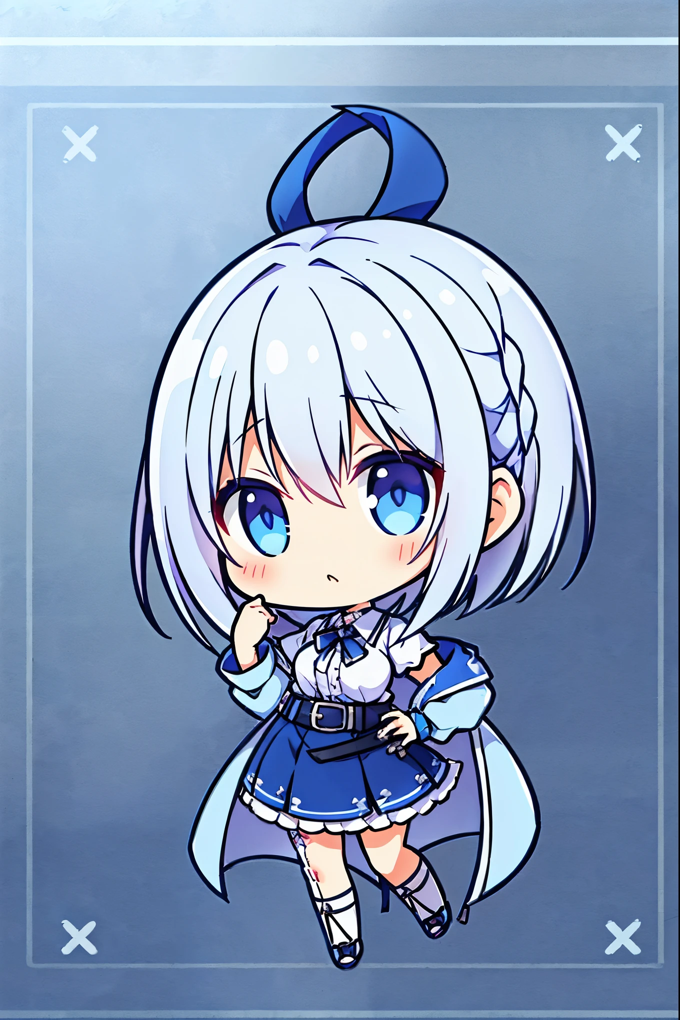 "anime girl, 1 person, silver white hair, dark blue eyes, short hair, small light blue hair clip on left bang,((women's shirt)), women's jacket, dark blue skirt, belt hong, white stockings, shoe leather, medium bust, sneering face, chibi, full body, solo, viewed from many different angles," (full HD 4K+ image)"