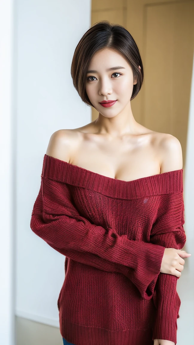 ((best quality, 8K, masterpiece :1.3)), Clear focus :1.2, (((Korean woman))). Beautiful woman with perfect body :1.4, Slim abdominal muscles :1.2, ((Large Breasts;1,5)), Ultra-fine face, Highly detailed lips, Delicate eyes, Double eyelids, Makeup face. Red lipstick. (((Brown short hair))).
((miniature)), ((Off-shoulder sweater)). ((Smile)), Standing. ((In front of the make-up mirror))