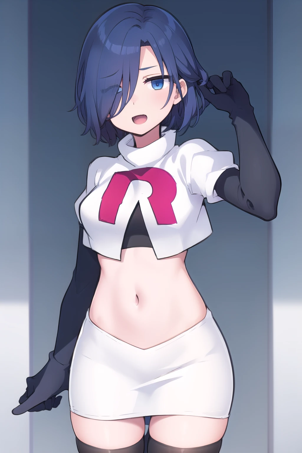 1girl,  kirishima touka, blue hair, hair over one eye, blue eyes, team rocket,team rocket uniform,white skirt,red letter R,crop top,black thigh-highs,black elbow gloves