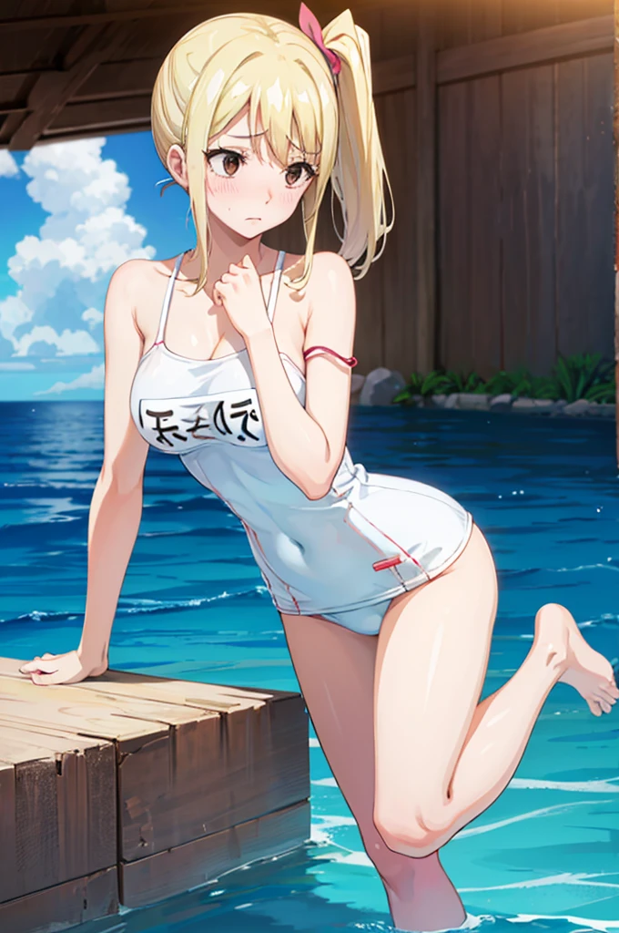 School Swimsuit,,Blushing、Pale brown eyes、Blonde、Side Ponytail、Medium Hair、、Head to toe full body、Blushing、Embarrassed look、Composition from the front、A view from slightly below、school swimwear、Acme Face、Random pose、, 、nsfw、Highest quality、1 girl、solo、Ocean、Sandy Beach、Sexy pose、Random pose、Blushing、Wet、Embarrassed、I can see half of my 、、One piece swimsuit、(Strap slip:1.3)、School Swimsuit