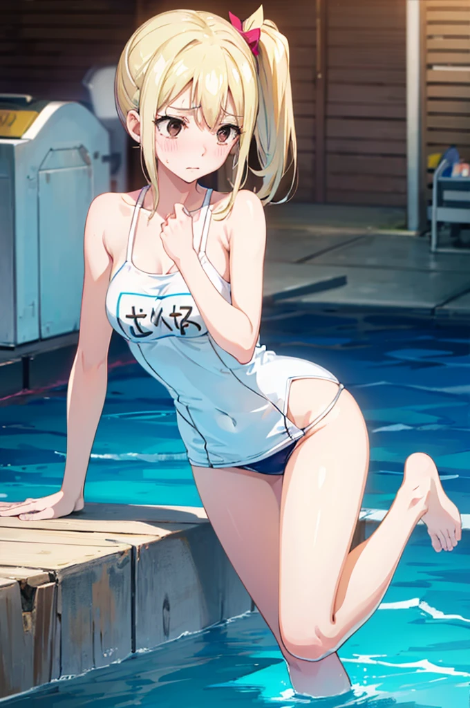 School Swimsuit,,Blushing、Pale brown eyes、Blonde、Side Ponytail、Medium Hair、、Head to toe full body、Blushing、Embarrassed look、Composition from the front、A view from slightly below、school swimwear、Acme Face、Random pose、, 、nsfw、Highest quality、1 girl、solo、Ocean、Sandy Beach、Sexy pose、Random pose、Blushing、Wet、Embarrassed、I can see half of my 、、One piece swimsuit、(Strap slip:1.3)、School Swimsuit