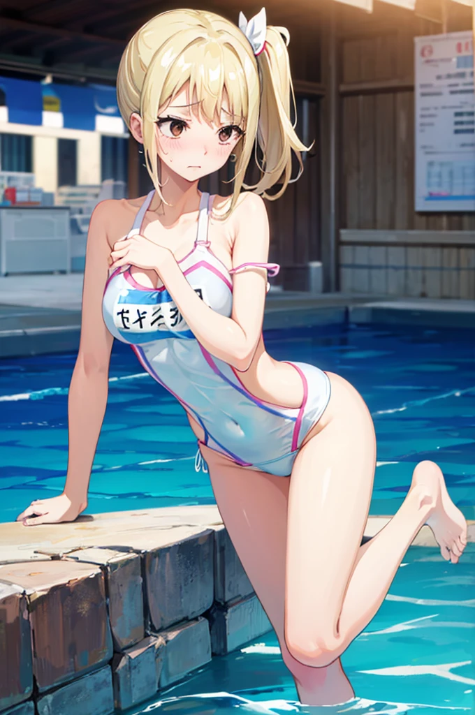 School Swimsuit,,Blushing、Pale brown eyes、Blonde、Side Ponytail、Medium Hair、、Head to toe full body、Blushing、Embarrassed look、Composition from the front、A view from slightly below、school swimwear、Acme Face、Random pose、, 、nsfw、Highest quality、1 girl、solo、Ocean、Sandy Beach、Sexy pose、Random pose、Blushing、Wet、Embarrassed、I can see half of my 、、One piece swimsuit、(Strap slip:1.3)、School Swimsuit