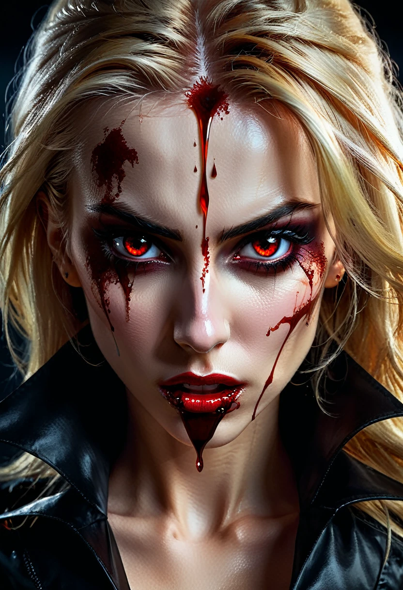 a portrait of vampire with a bloody tear coming down from he eye, an exotic beautiful female vampire, blond hair, dynamic hair style, ultra detailed face, best detailed face, dynamic eye color, ((1single red teardrop, teardrop made of blood coming down from the eye: 1.3)), Ultra-high resolution, High Contrast, (masterpiece:1.5), highest quality, Best aesthetics), 16K fantasy art, best details, best quality, highres, (ultra wide angle: 1.2), 16k, [ultra detailed], masterpiece, best quality, (extremely detailed), ladyshadow, magical sky, crying style
