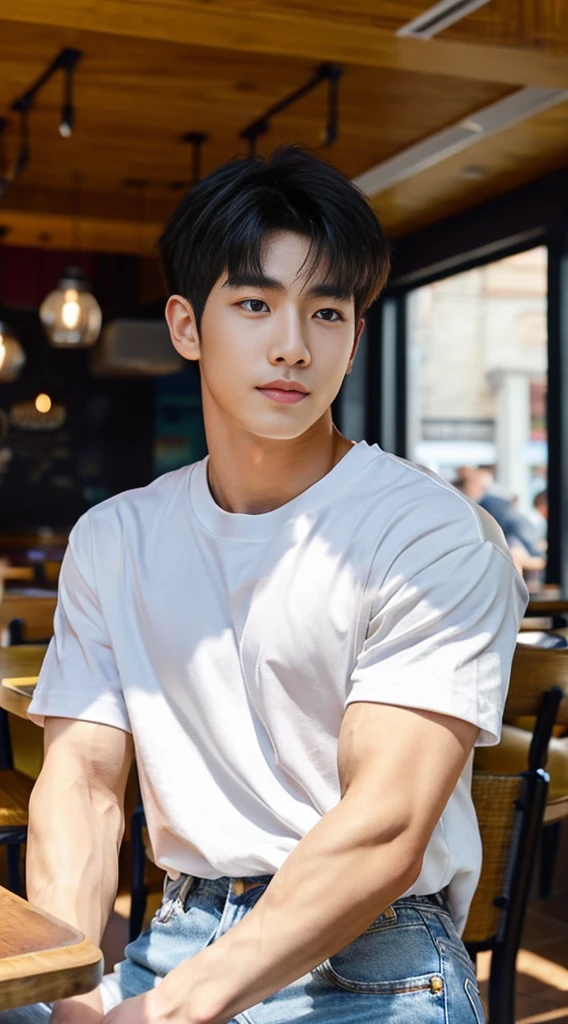 ((realistic daylight)) , Young Korean man in a white t-shirt Denim shirt, jeans, A handsome, muscular young Asian man looks at the camera. , in the restaurant ,turn sideways