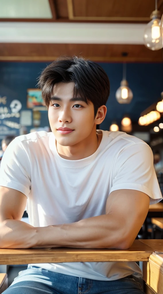 ((realistic daylight)) , Young Korean man in a white t-shirt Denim shirt, jeans, A handsome, muscular young Asian man looks at the camera. , in the restaurant ,turn sideways