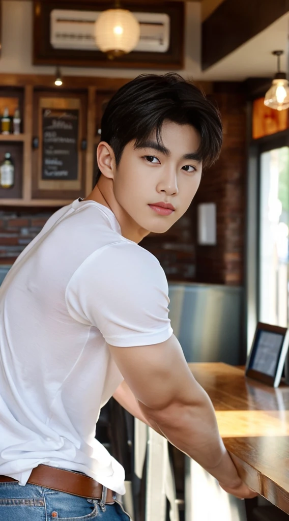 ((realistic daylight)) , Young Korean man in a white t-shirt Denim shirt, jeans, A handsome, muscular young Asian man looks at the camera. , in the restaurant ,turn sideways