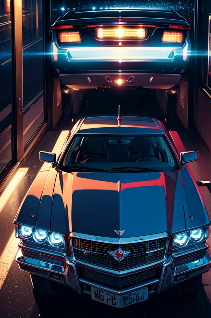 A cadillac fleetwood from the front in a night city lit by LEDs at night
