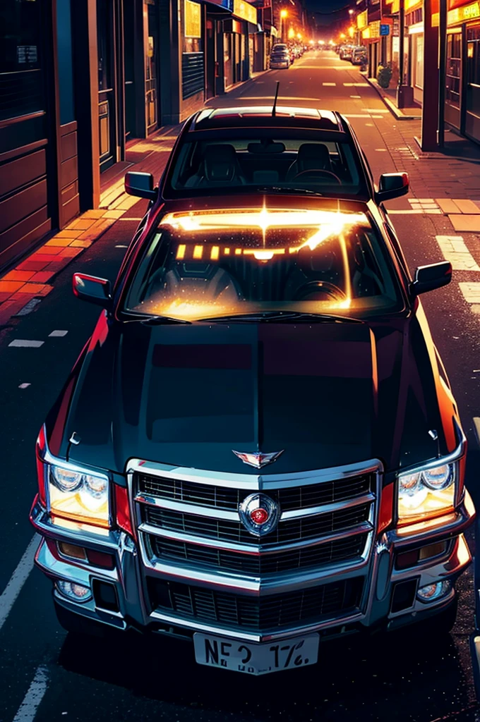 A cadillac fleetwood from the front in a night city lit by LEDs at night