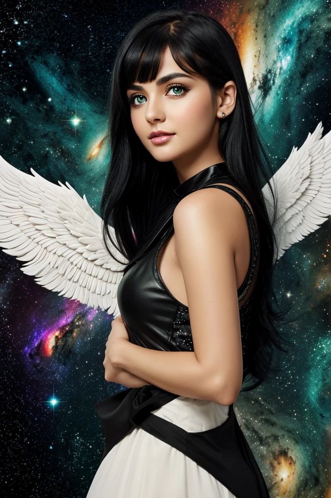 Angel with black wings olive green eyes and black hair with galaxy background 