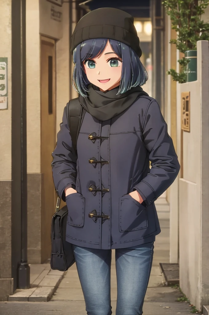 girl, jeans, black parka, scarf, street, smile