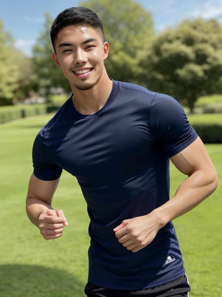 Tony Labrusca, (As a matter of fact, Masterpiece, 8k HD, good light quality, sportswear, fit the face, complicated details), A handsome, muscular young Korean man. , 20 years old, be happy, smile brightly, detailed face, delicate eyes, มองดูsky, Wear a navy tight T-shirt., period, black eyes, Black hair color, ผมsmooth, smooth, outdoor sports, Along the garden, Sunny,sky,Surreal,Superb details,Highest quality,real,