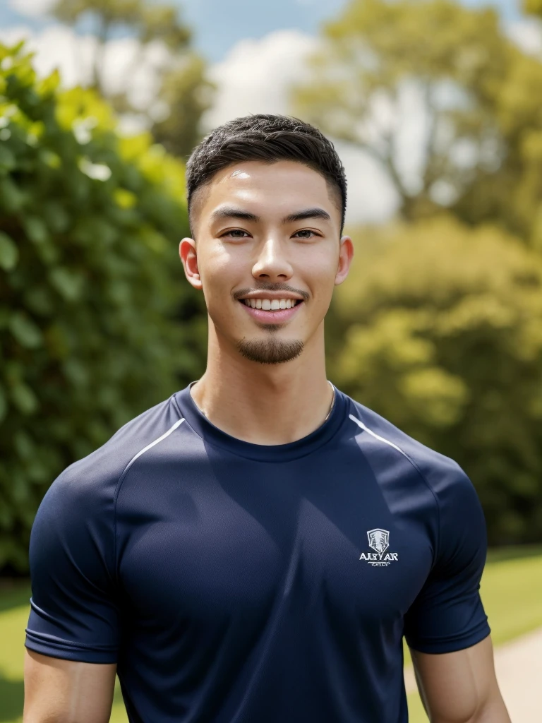 Tony Labrusca, (As a matter of fact, Masterpiece, 8k HD, good light quality, sportswear, fit the face, complicated details), A handsome, muscular young Korean man. , 20 years old, be happy, smile brightly, detailed face, delicate eyes, มองดูsky, Wear a navy tight T-shirt., period, black eyes, Black hair color, ผมsmooth, smooth, outdoor sports, Along the garden, Sunny,sky，Surreal，Superb details，Highest quality，real，