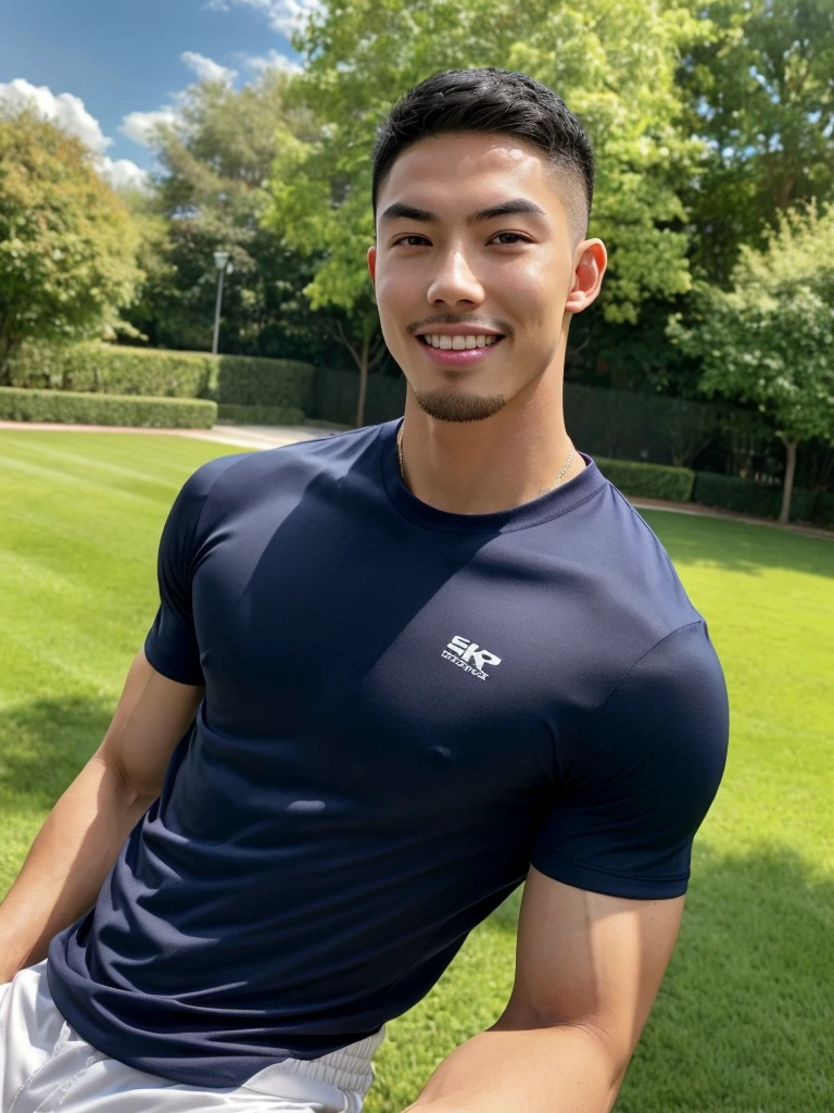 Tony Labrusca, (As a matter of fact, Masterpiece, 8k HD, good light quality, sportswear, fit the face, complicated details), A handsome, muscular young Korean man. , 20 years old, be happy, smile brightly, detailed face, delicate eyes, มองดูsky, Wear a navy tight T-shirt., period, black eyes, Black hair color, ผมsmooth, smooth, outdoor sports, Along the garden, Sunny,sky,Surreal,Superb details,Highest quality,real,