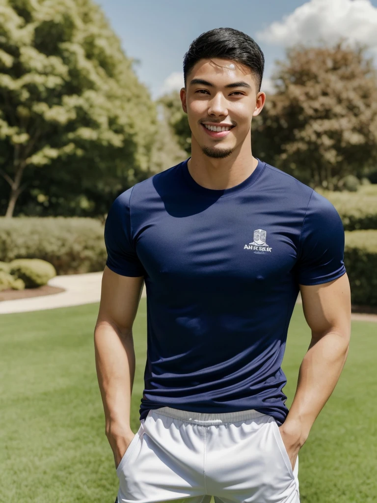 Tony Labrusca, (As a matter of fact, Masterpiece, 8k HD, good light quality, sportswear, fit the face, complicated details), A handsome, muscular young Korean man. , 20 years old, be happy, smile brightly, detailed face, delicate eyes, มองดูsky, Wear a navy tight T-shirt., period, black eyes, Black hair color, ผมsmooth, smooth, outdoor sports, Along the garden, Sunny,sky,Surreal,Superb details,Highest quality,real,