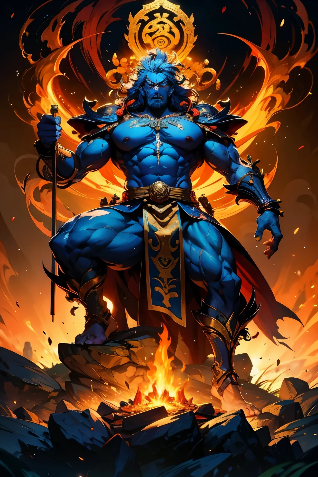 Acala，Painting of a man holding a sword in front of a fire, Ashura in Chinese mythology, , Shiva, God of Destruction, 
waterfall，High resolution, High resolution, 8k, Masterpiece 2:1,flame，Sword，Close-up of a statue of a blue man holding a lasso, Japanese God, They are, Ashura in Chinese mythology, Tanka, Evil God, Narasimha, The Exhausted God, Attractive male god, God Emperor of Mankind, Intimidating and commanding appearance, Written by Kano Tan&#39;yū, Mantis Head God Temple, 
