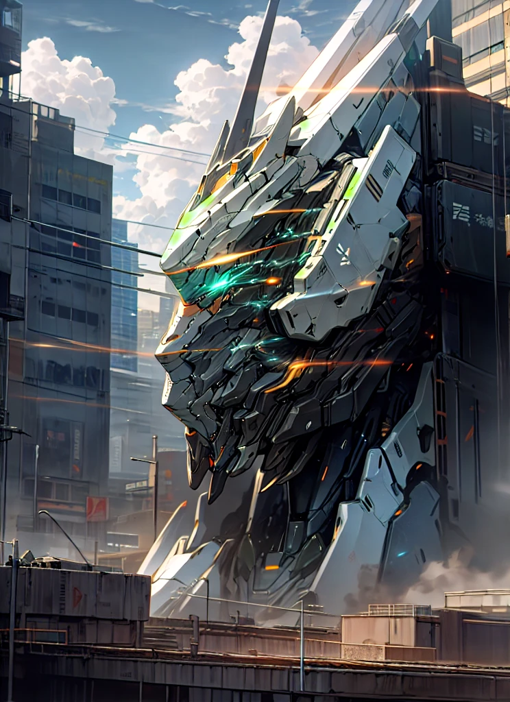 sky, cloud, holding_weapon, no_humans, glowing, , robot, building, glowing_eyes, mecha, science_fiction, city, realistic,mecha