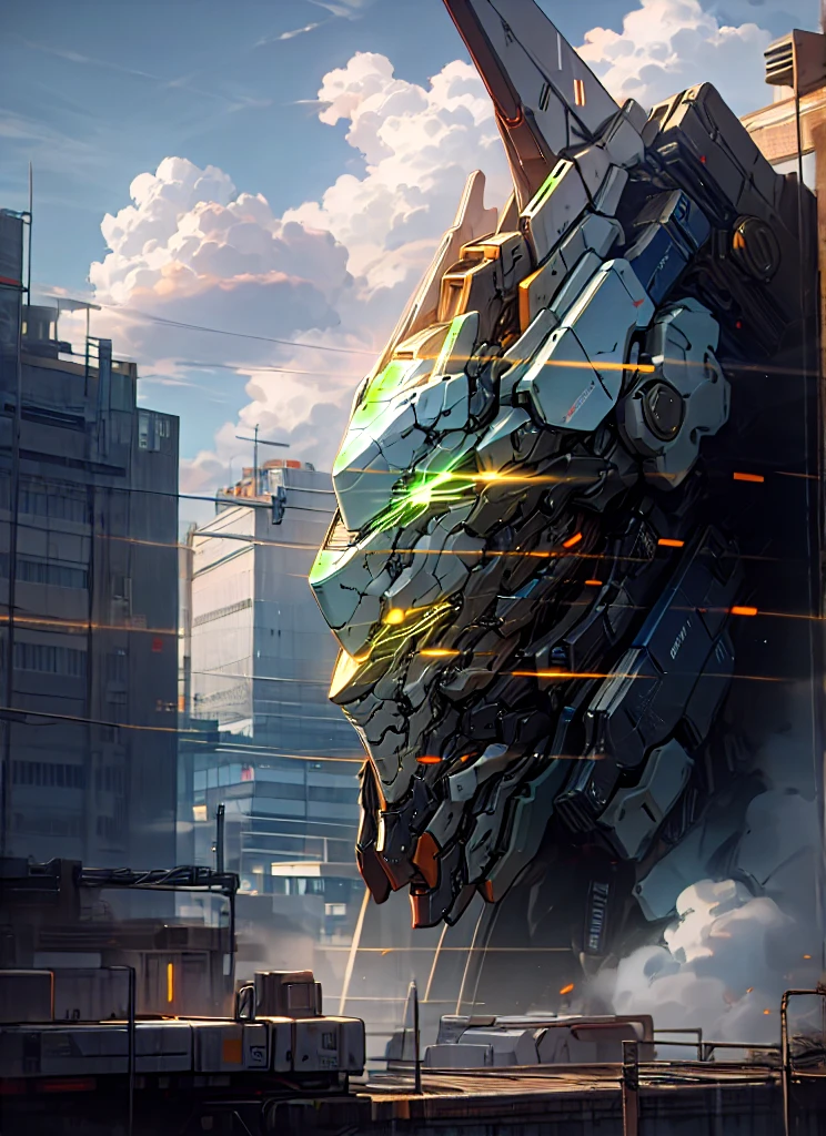 sky, cloud, holding_weapon, no_humans, glowing, , robot, building, glowing_eyes, mecha, science_fiction, city, realistic,mecha