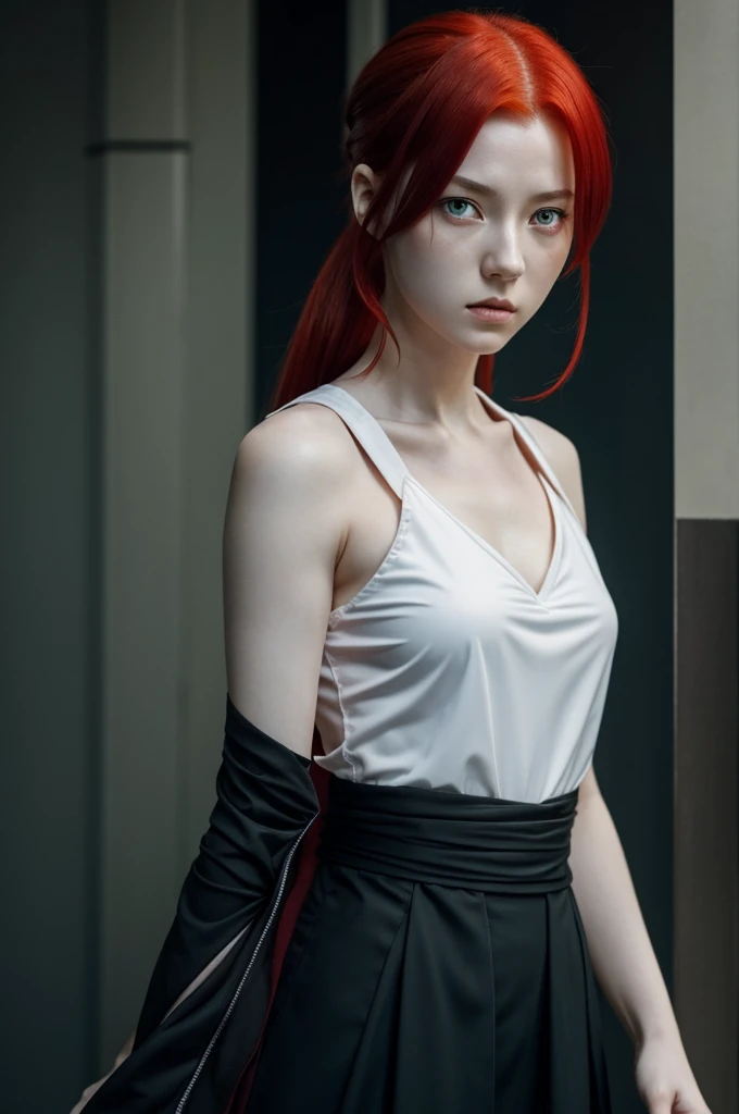 A jujutsu Kaisen person, a very beautiful girl with very pale skin with red hair and red eyes and keeps a serious look